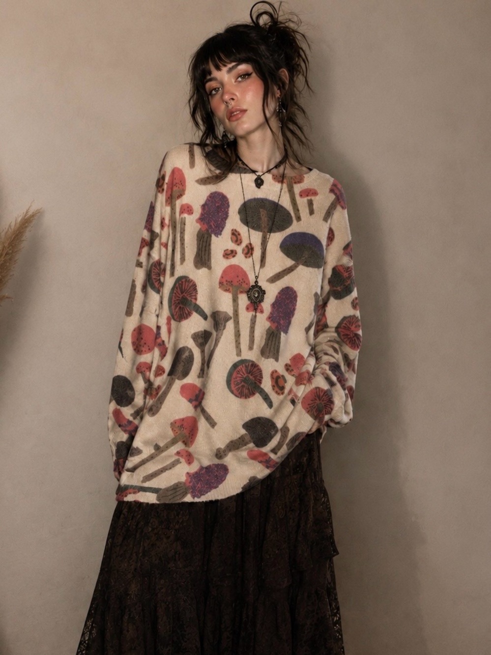 YESNO Mushroom Graphic Oversized Wool Cotton Sweater Whimsigoth Goblincore XL